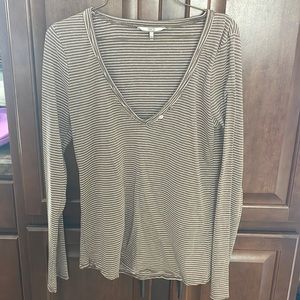 Women’s V neck  long sleeve tee brown stripes with buttons